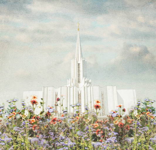 Jordan River Temple with wildflowers in the forefront.