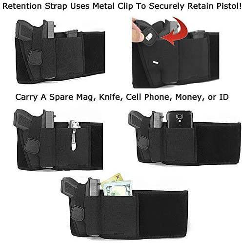 belly band holster using case, retention strap uses metal clip to securely retain piston, carry a spare mag, knife, cell phone, money or ID