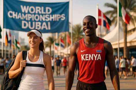 Two smiling athletes, one female and one male from Kenya, walk past a World Championships Dubai banner and international flags.