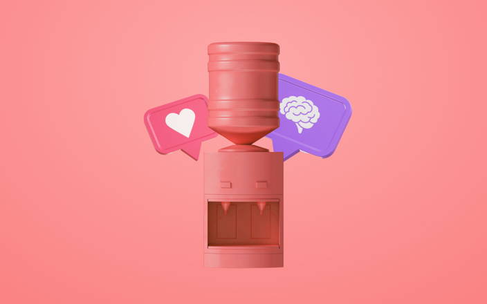 A pink water cooler in front of speech bubbles with a heart and a brain inside for Confetti's Virtual Empathy Team Building Activities