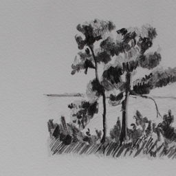 Pencil sketches of trees and shoreline