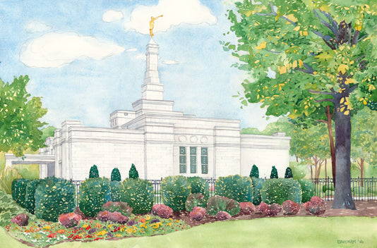 Trimmed hedges and flowerbeds surround the Nashville TEmple.