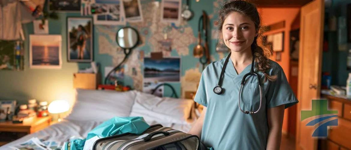 Confident travel nurse with an expertly packed suitcase ready for her next adventure.