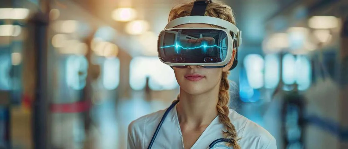 Travel nurse engaged in a telehealth session using a VR headset.