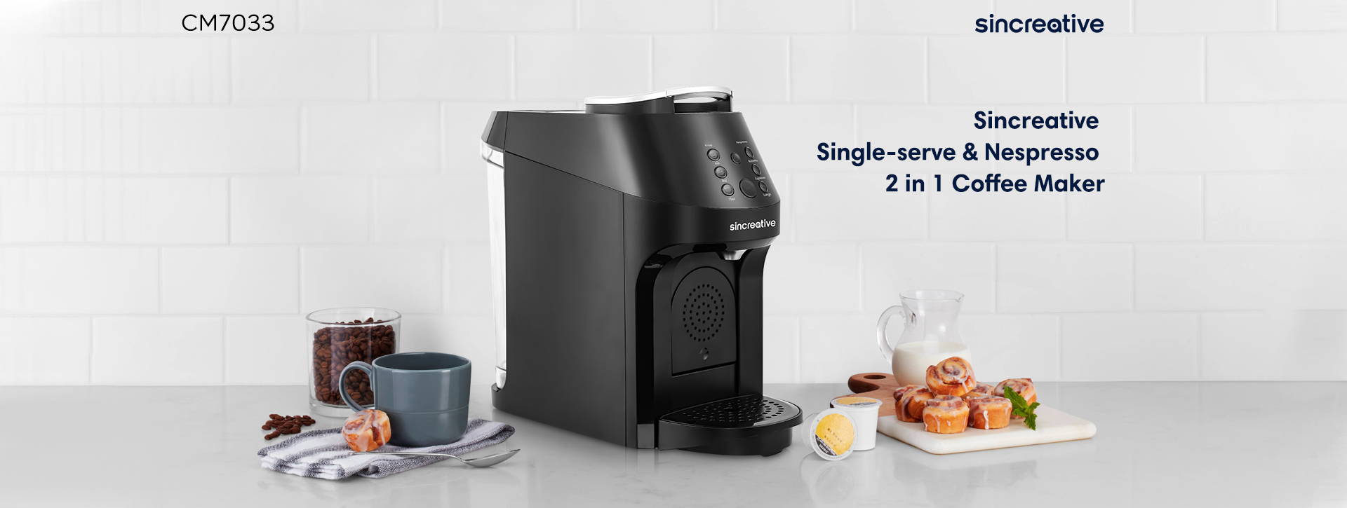 Sincreative kcup coffee maker with milk frother machine prepares all your favourite coffees and other hot beverages with compact design.