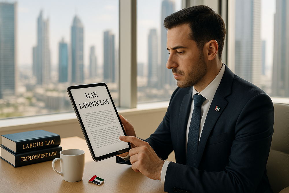 Businessman reading UAE Labour Law on a tablet in an office overlooking a city skyline, with law books on the desk.