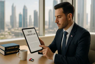 Businessman reading UAE Labour Law on a tablet in an office overlooking a city skyline, with law books on the desk.