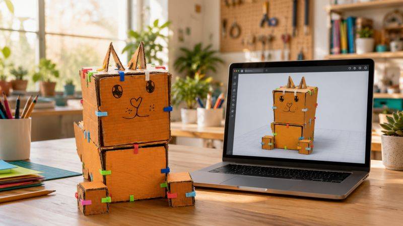 cardboard model tiger and rendered version on a laptop