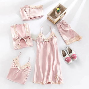 Satin Sleepwear Pajama Set in Pink Cream, Size L