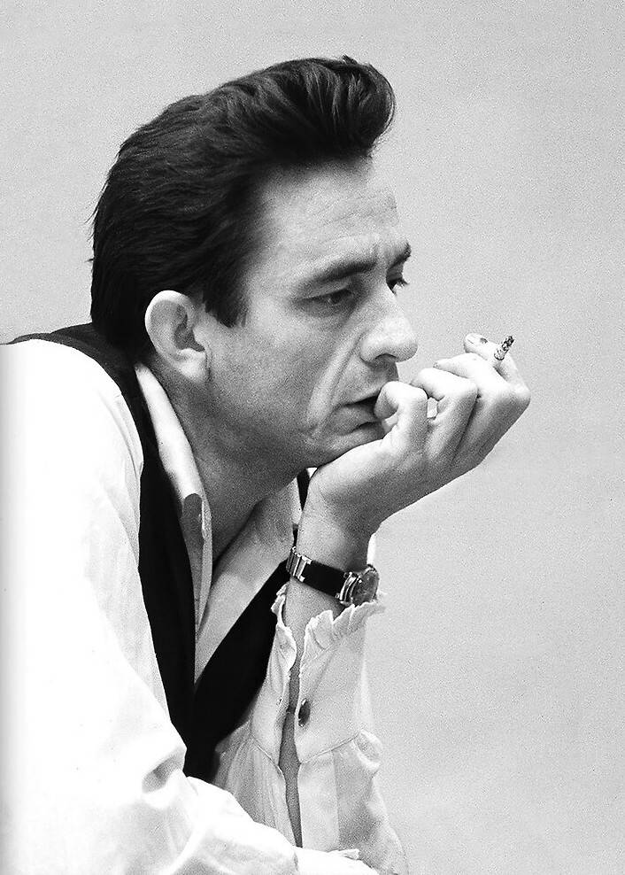 Black and white photograph of Johnny Cash 