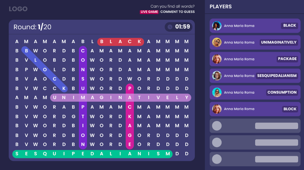 Word search game round example