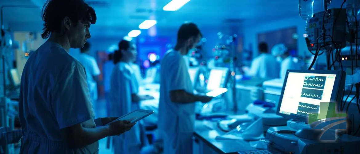 Nurses using technology efficiently in a modern, brightly lit hospital ward.