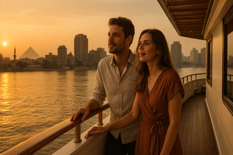 A man and woman on a boat deck viewing the Cairo skyline, including the Great Pyramid, and the Nile River at golden sunset.