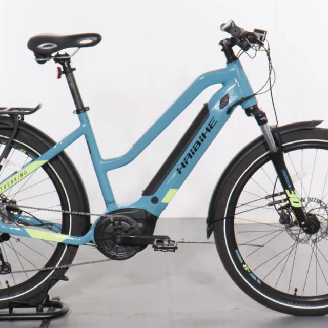 a light blue Haibike Trekking 5.0 electric city bike