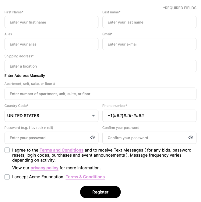 Bidder Registration w Custom Terms