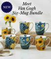 Six 12.5 oz latte bugs sitting on a kitchen counter with sunflowers on the background and staged on a wood riser. The art mugs feature prints Sunflowers, Irises and Starry Night by artist Vincent Van Gogh and are made of fine bone china. 