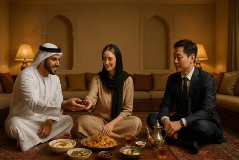 Three people, including an Arab man offering dates, a woman in hijab, and an Asian man, share traditional food around a low table.