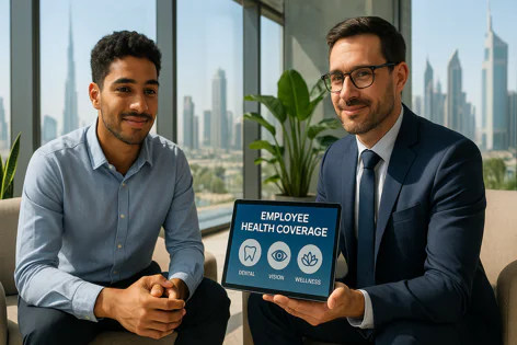 Two businessmen in a modern office holding a tablet showing employee health coverage options: dental, vision, and wellness plans, with a city skyline in the background.