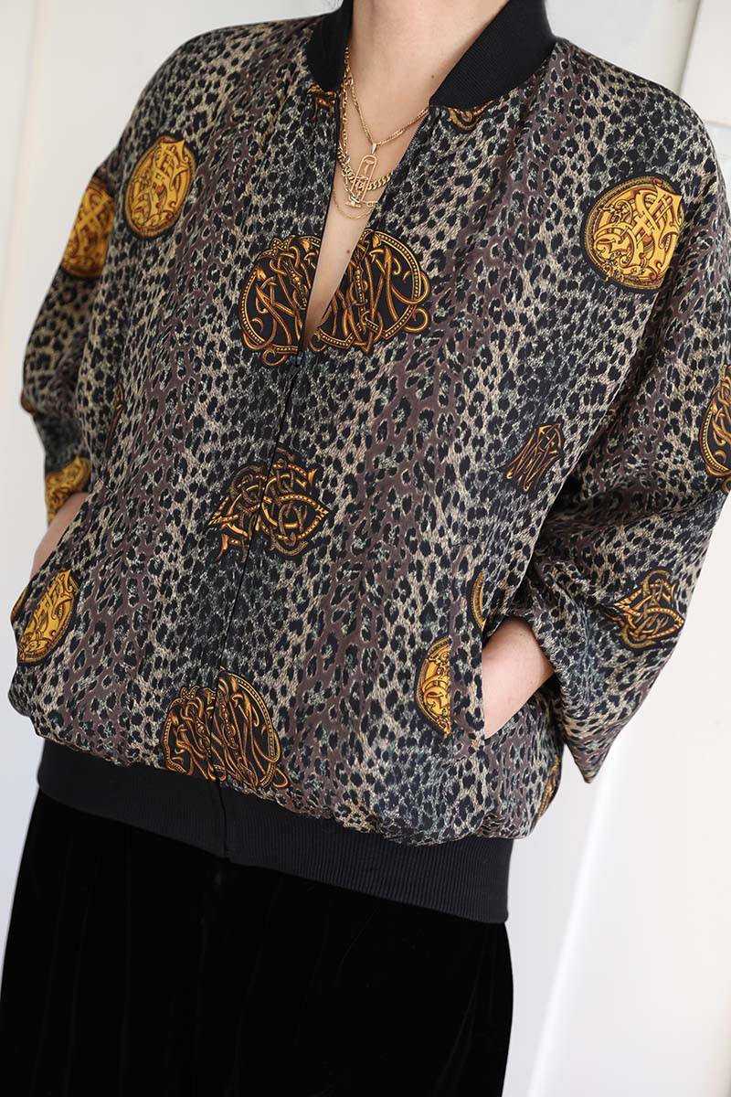 90s silk printed bomber lightweight jacket with leopard print details and gold coin accents