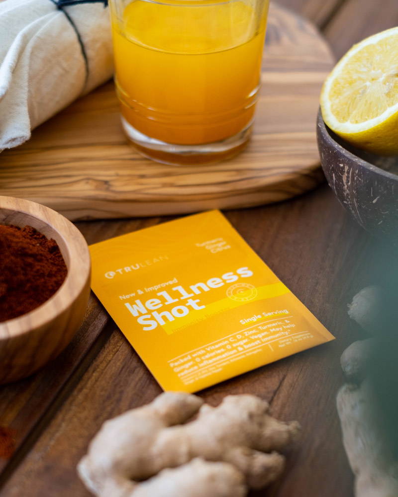 Trulean's Wellness Shot includes 9 ingredients to boost your immune system and reduce inflammation: Vitamin C, D, B12, Zinc, Turmeric, Echinacea, Astragalus, Ginger, & Cayenne Pepper.