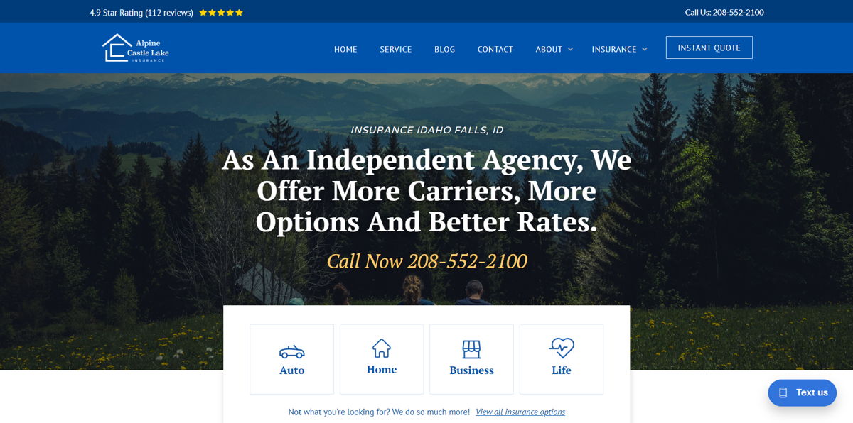 Screenshot of Alpine Castle Lake Insurance, from the insurance agent websites collection.