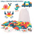 Display of colorful Montessori Shape Puzzles set for kids, with bag and cards.