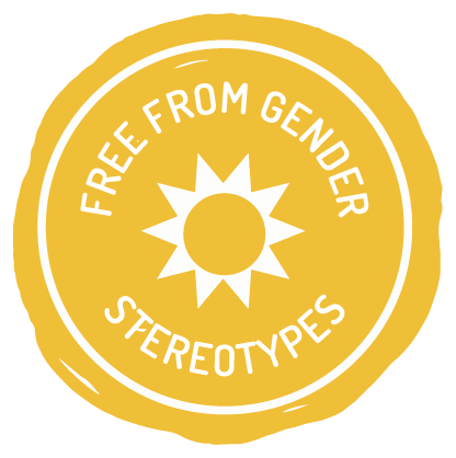 Image of a yellow, circular icon with the text 'free from gender stereotypes'