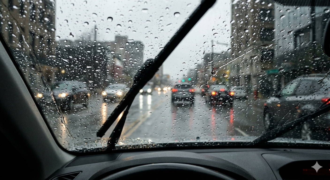 A first-person view from inside a car looking through a windshield heavily covered in raindrops. Active windshield wipers are clearing arcs across the glass. Beyond the water-streaked windshield, a city street with other vehicles driving in rainy traffic is visible, with buildings lining the road under a grey sky. The top of the car's dashboard and steering wheel are in the foreground.
