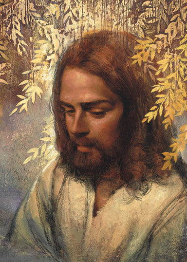 Portrait of Jesus in the Garden of Gethsemane. Gold leaves surround Him. 