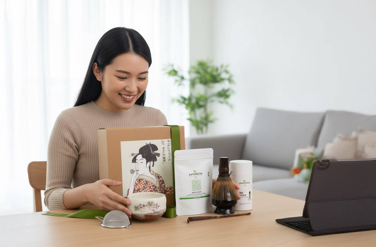 Image of a woman receiving a matcha tea set