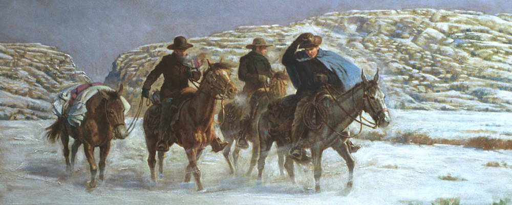 Painting of men on horseback riding through the snow.