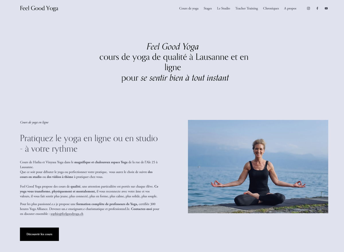 Screenshot of Feel Good Yoga , from the squarespace fitness websites collection.