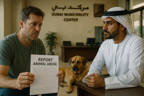 A man holds a 'Report Animal Abuse' form speaking to an official in traditional ghutra at Dubai Municipality, a dog is nearby.