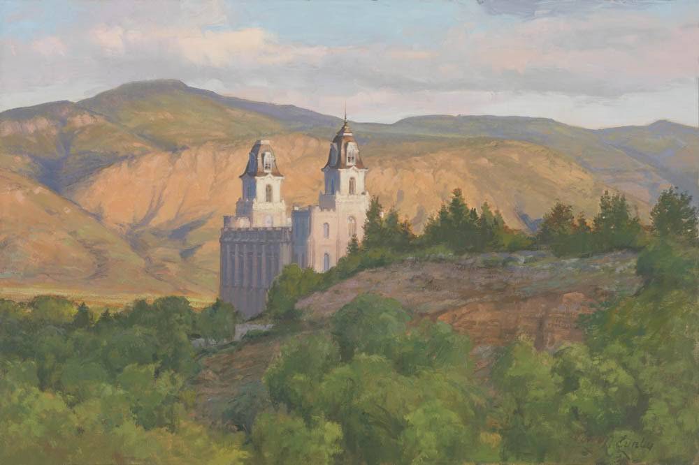 Painting of the Manti Temple from an angle. It stands proudly in a mountainous landscape.