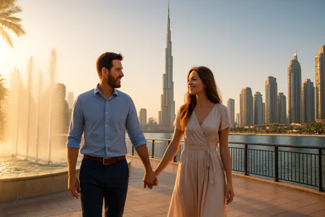 Smiling couple holding hands walking near a fountain with Dubai skyscrapers and Burj Khalifa in the background at sunset.
