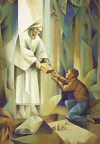 Geometric painting of the angel giving the gold plates to Joseph Smith.