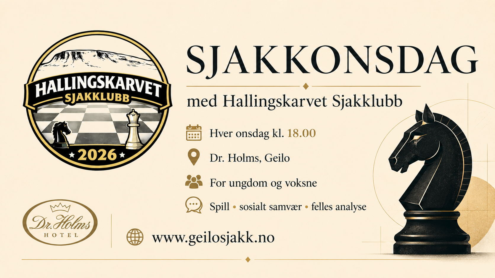 Informasjonsgrafikk for Sjakkonsdag med Hallingskarvet Sjakklubb på Dr. Holms på Geilo. Sjakk for ungdom og voksne hver onsdag kl. 18.00.