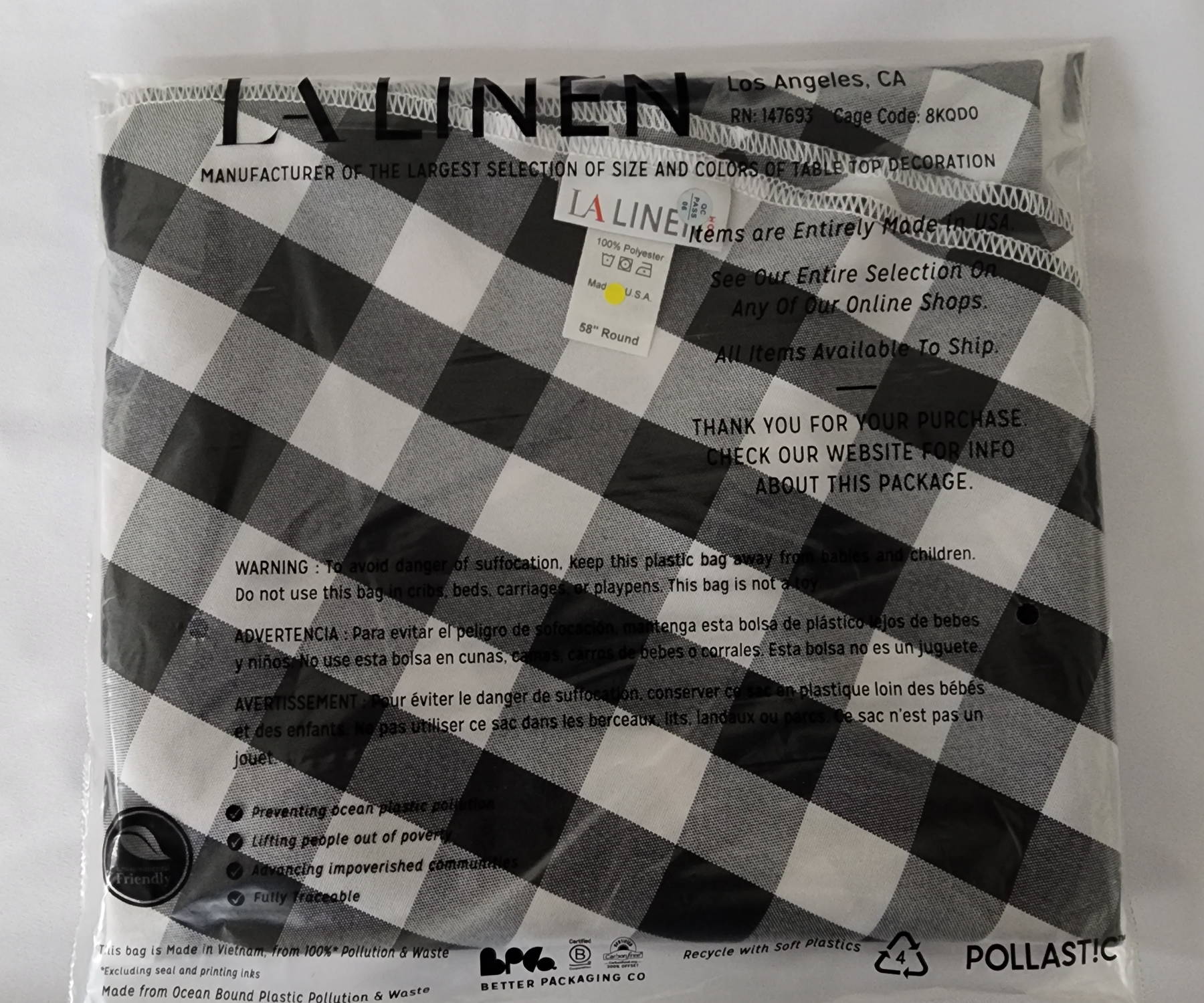 LA Linen Pollastic Checkered White and Black Tablecloth
