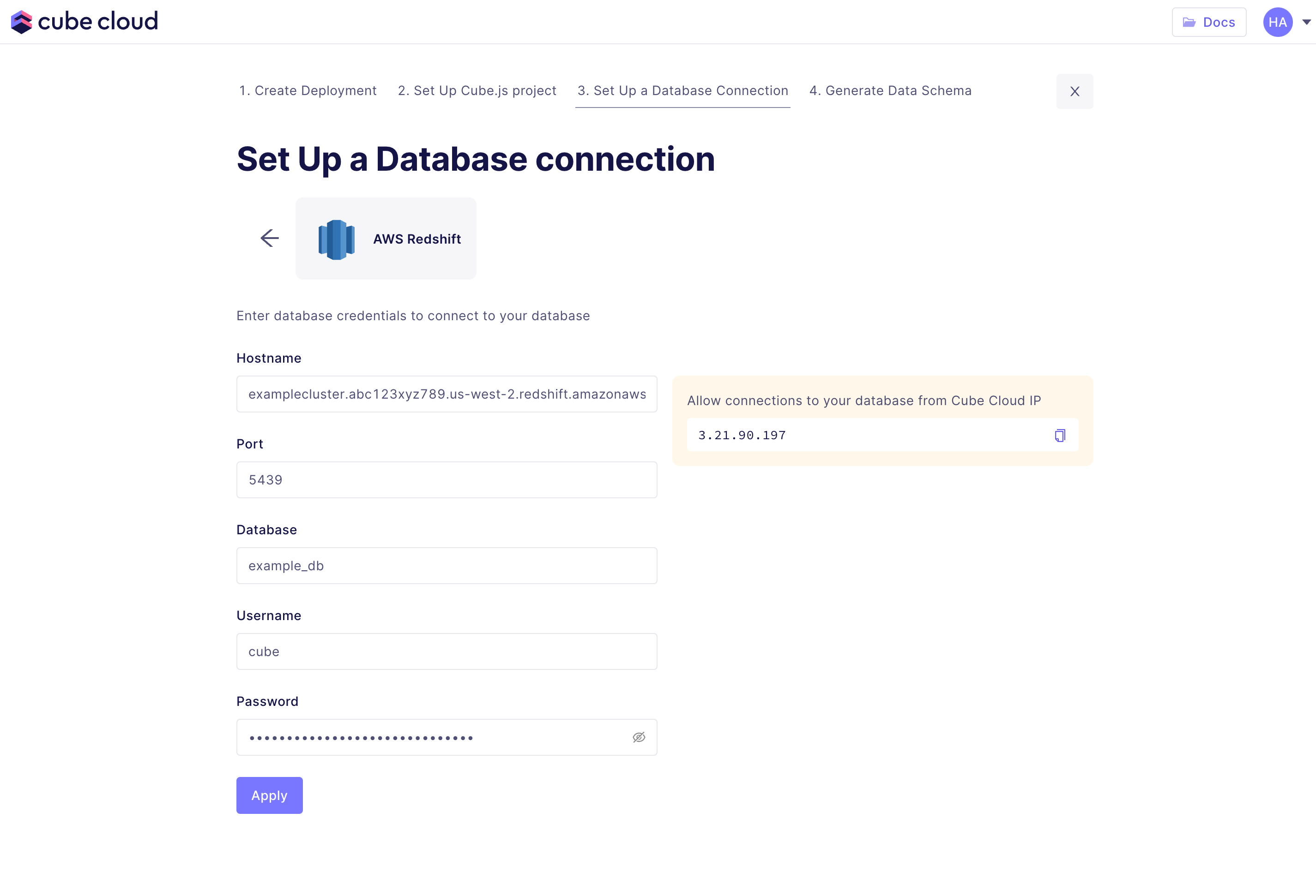 Cube Cloud AWS Redshift Configuration Screen