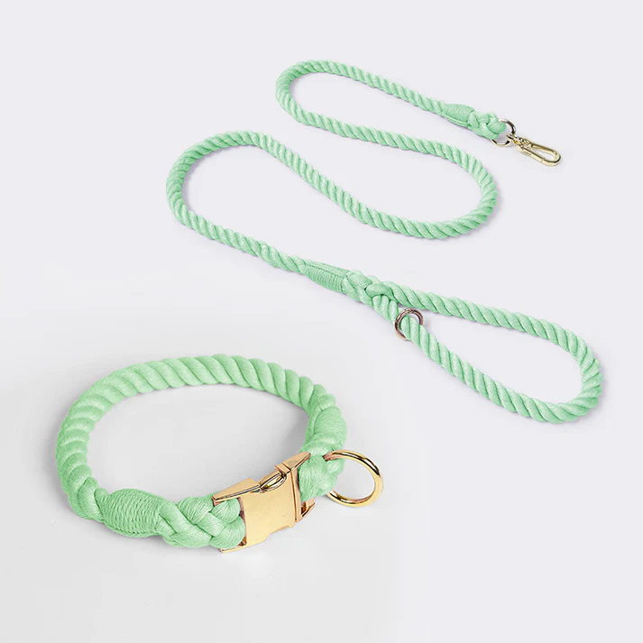 Mint Green Handmade Rope Dog Collar and Leash Set - Colorful Woven Cotton