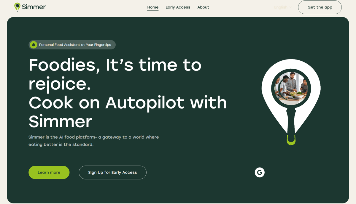 Screenshot of Simmer , from the ai company websites collection.