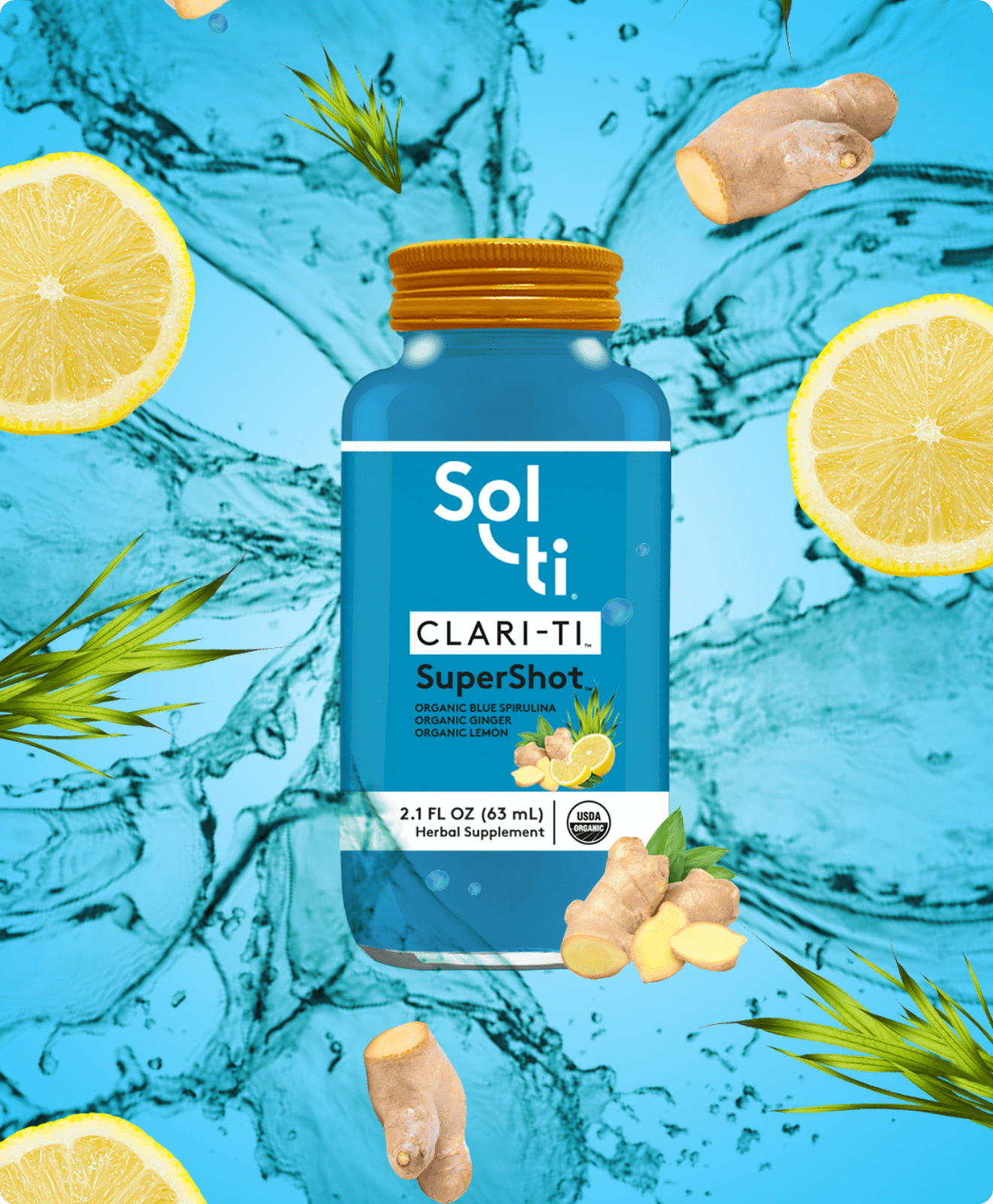 A bottle of Sol-ti SuperShot CLARI-TI with ginger and lemon slices with a blue background