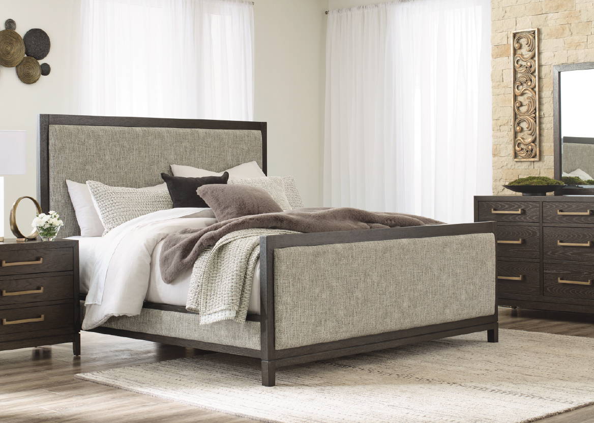 Lawrence bedroom set in cherry color with leathered headboard and footboard