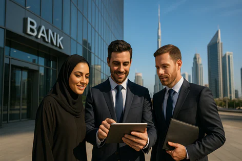 Three diverse business people, including a woman in hijab, examining a tablet near a bank building with urban skyscrapers and the Burj Khalifa visible.