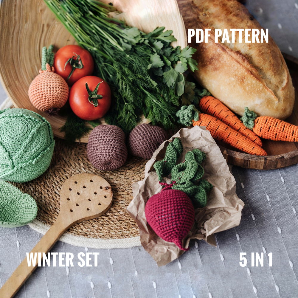 Padrão de crochê VEGETAIS 5 em 1: repolho, beterraba, cebola, cenoura e batata. Padrão de conjunto de alimentos em crochê. Padrões de crochê do Farmer's Market PDF