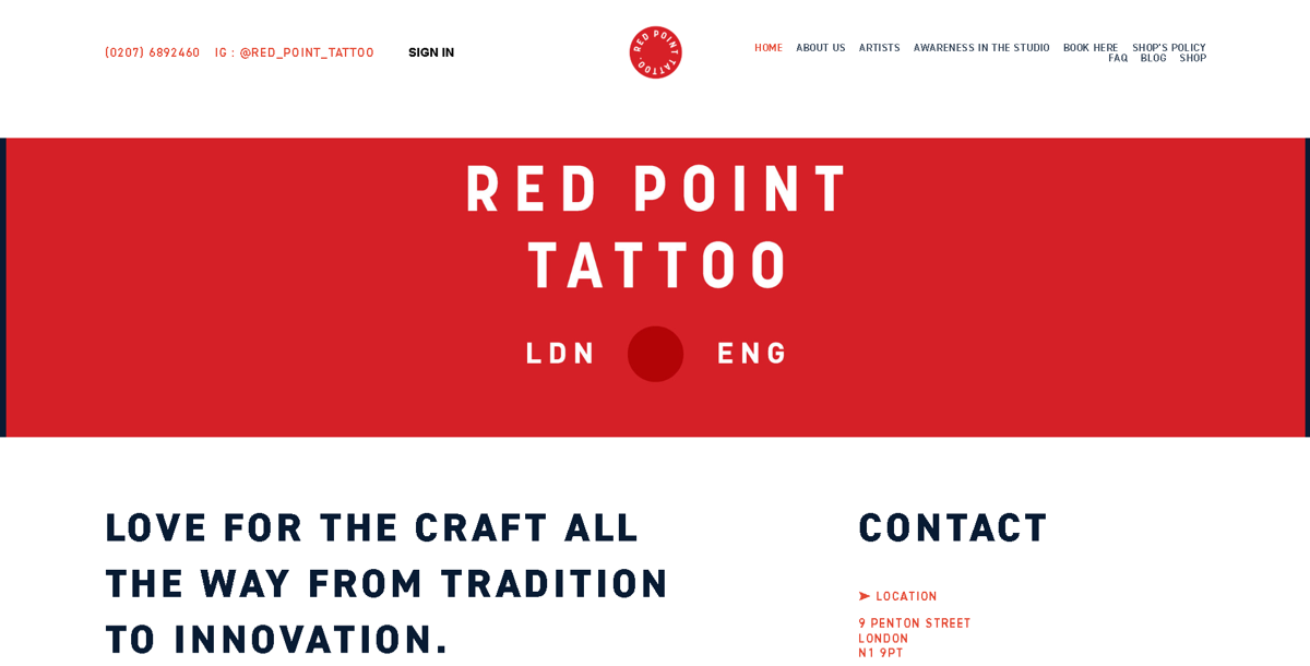 Screenshot of Red Point Tattoo, from the tattoo websites collection.