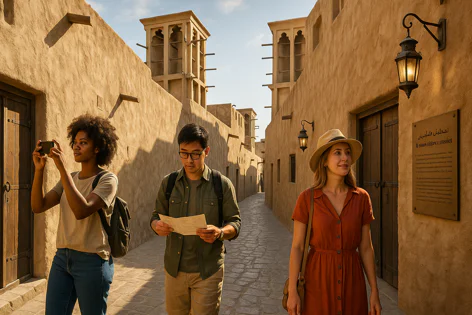Three tourists explore a narrow old town alley with traditional Arabic architecture and wind towers. One takes a photo, another reads a map.