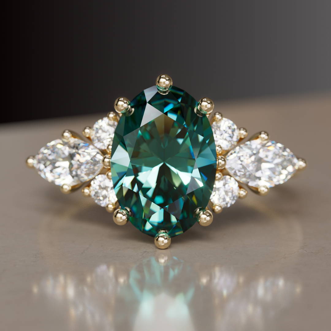 oval Cut Teal Sapphire and Diamond Engagement Ring 