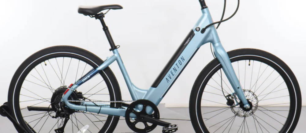 a sky blue Aventon Pace 500.3 electric city bike