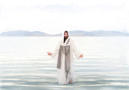 Jesus walking on water, His arms outstretched. 